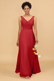 A Line V Neck Backless Chiffon Long Bridesmaid Dress