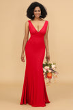 Mermaid V-neck Open Back Long Chiffon Bridesmaid Dress With Ruffles