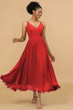 A Line Spaghetti Straps Long Chiffon Bridesmaid Dress with Ruffles