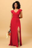 A Line V Neck Strapless Long Chiffon Bridesmaid Dress With Slit