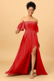 A Line Off the Shoulder Long Chiffon Bridesmaid Dress with Slit