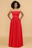 A Line Strapless Satin Floor Length Bridesmaid Dress with Pockets