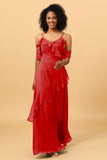 A Line Spaghetti Straps Long Chiffon Bridesmaid Dress with Ruffles