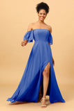 A Line Off the Shoulder Long Chiffon Bridesmaid Dress with Slit