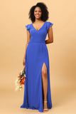 A Line V Neck Strapless Long Chiffon Bridesmaid Dress With Slit