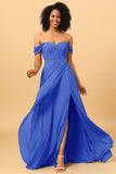 A Line Off the Shoulder Ruched Chiffon Bridesmaid Dress with Slit