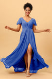 A-Line V Neck Ruched Long Chiffon Bridesmaid Dress with Slit