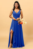 A Line V Neck Floor Length Chiffon Bridesmaid Dress With Slit