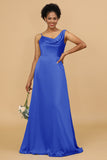 A Line Asymmetrical Neck Satin Floor Length Bridesmaid Dress