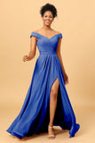 A Line Off the Shoulder Ruched Long Chiffon Bridesmaid Dress with Slit