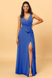 A Line V Neck Sleeveless Long Chiffon Bridesmaid Dress with Slit