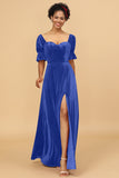 A Line Sweetheart Flare Sleeves Velvet Bridesmaid Dress with Slit