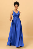 A Line V-Neck Long Chiffon Bridesmaid Dress with Lace