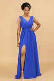 A Line Ruched V-Neck Sleeveless Chiffon Bridesmaid Dress with Slit