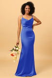 Mermaid Cowl Neckline Spaghetti Straps Long Satin Bridesmaid Dress