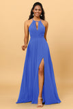 A Line Halter Open Back Long Chiffon Bridesmaid Dress With Slit