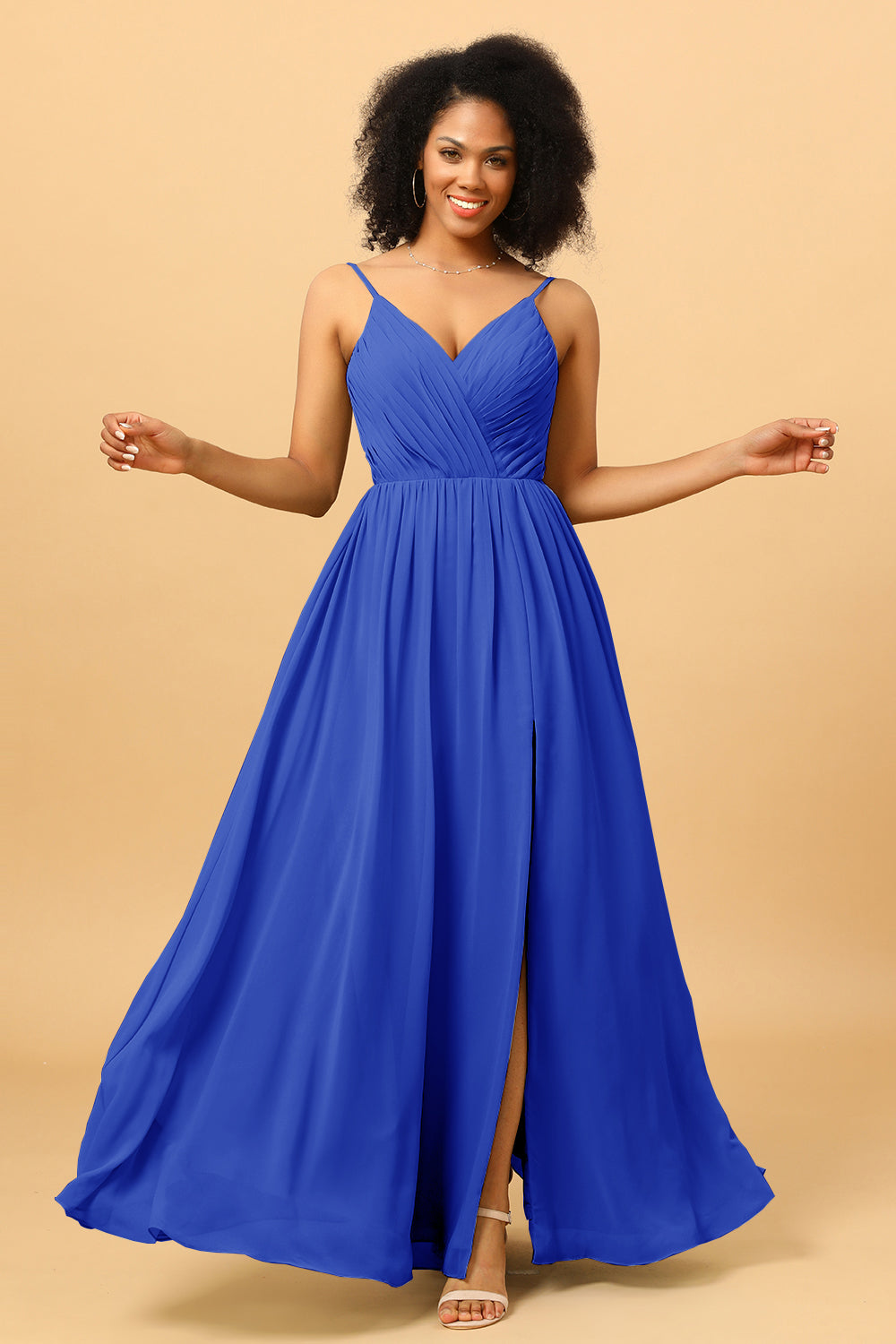 Ruched Long Floor Length Chiffon Bridesmaid Dress with Slit