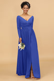 A Line V-Neck Long Sleeves Chiffon Bridesmaid Dress with Slit