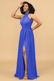 A Line Halter Ruched Floor Length Chiffon Bridesmaid Dress with Slit