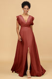 A Line V-Neck Floor Length Chiffon Bridesmaid Dress with Slit