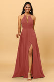 A Line Halter Open Back Long Chiffon Bridesmaid Dress With Slit