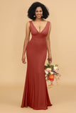 Mermaid V-neck Open Back Long Chiffon Bridesmaid Dress With Ruffles