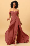 A Line Off the Shoulder Ruched Chiffon Bridesmaid Dress with Slit