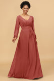 Long Sleeves V-Neck Chiffon Bridesmaid Dress with Bowknot