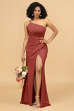 Mermaid One Shoulder Satin Long Bridesmaid Dress with Slit