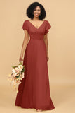 V-Neck Cape Long Floor Length Chiffon Bridesmaid Dress