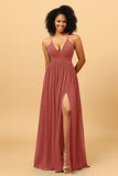 A Line V Neck Spaghetti Straps Chiffon Bridesmaid Dress with Slit