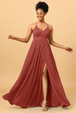 A Line Spaghetti Straps Ruched Chiffon Long Bridesmaid Dress with Slit