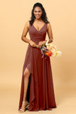 A Line V Neck Floor Length Chiffon Bridesmaid Dress With Slit