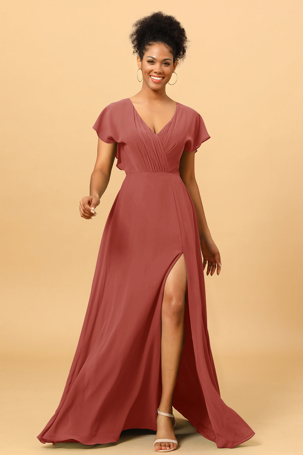 A Line V-Neck Ruched Chiffon Bridesmaid Dress with Slit