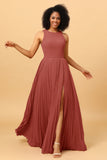 A Line High Neck Pleated Long Chiffon Bridesmaid Dress with Ruffles