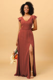 A Line V Neck Strapless Long Chiffon Bridesmaid Dress With Slit