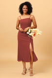 Sheath Spaghetti Straps Midi Chiffon Bridesmaid Dress with Slit