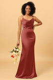 Mermaid Cowl Neckline Spaghetti Straps Long Satin Bridesmaid Dress