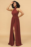 A Line Halter Ruched Floor Length Chiffon Bridesmaid Dress with Slit