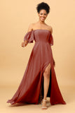 A Line Off the Shoulder Long Chiffon Bridesmaid Dress with Slit