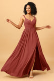 Spaghetti Straps Long Chiffon Bridesmaid Dress with Slit