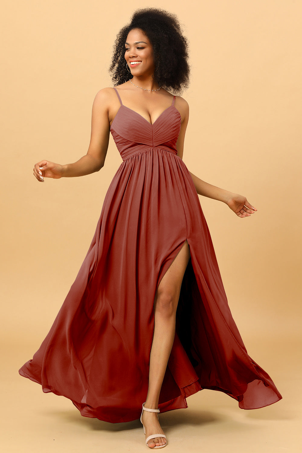 Wedtrend Women Bridesmaids A Line Spaghetti Straps Ruched Long Chiffon Wedding Party Formal Bridesmaid Dress with Slit, Rust