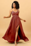 A Line Spaghetti Straps Ruched Long Chiffon Bridesmaid Dress with Slit