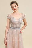 Blush A Line Beaded Mother of Bride Dress With Short Sleeves