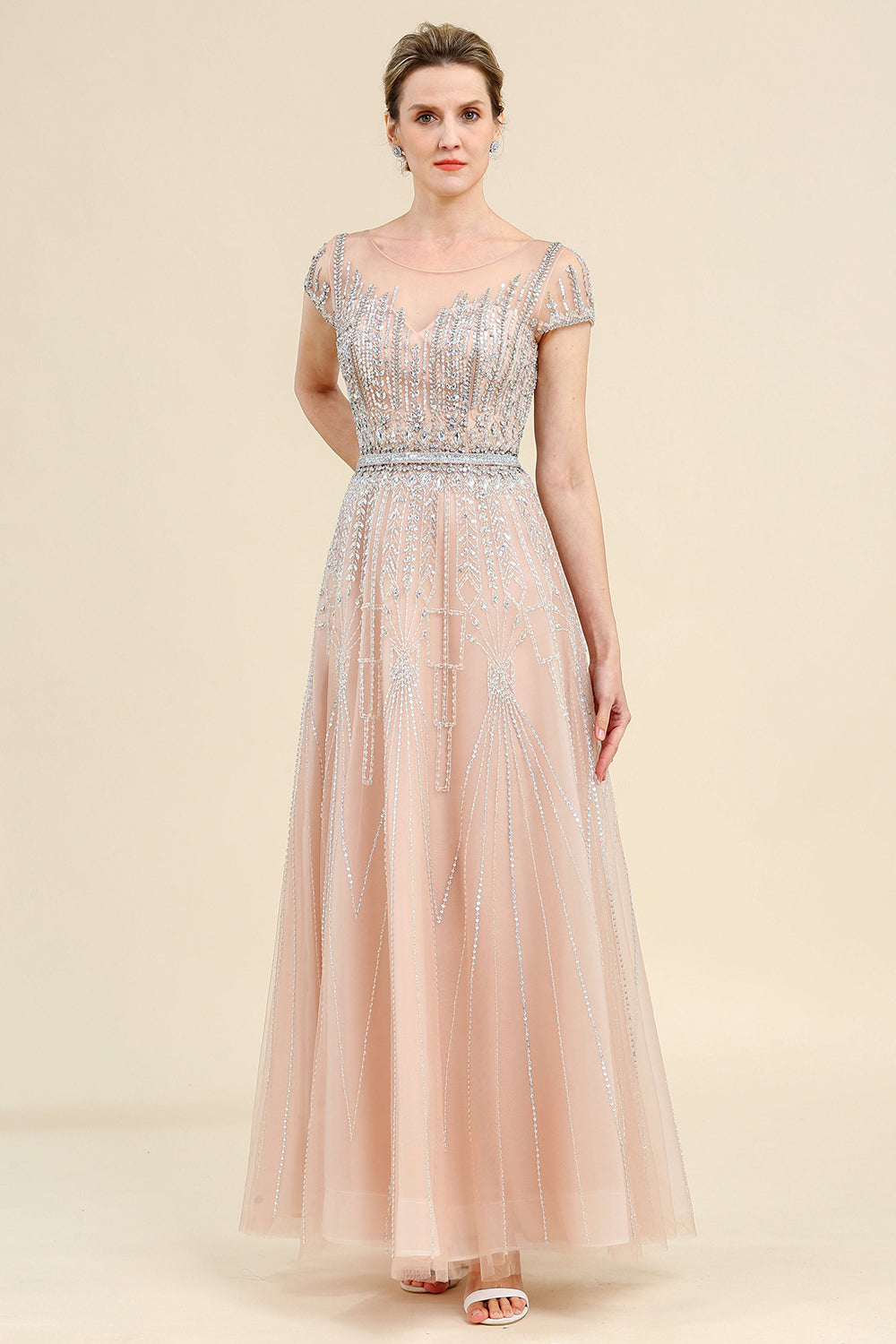 Blush A Line Beaded Mother of Bride Dress With Short Sleeves