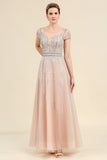 Blush A Line Beaded Mother of Bride Dress With Short Sleeves