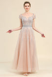 Blush A Line Beaded Mother of Bride Dress With Short Sleeves
