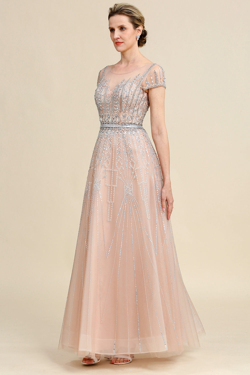 Blush A Line Beaded Mother of Bride Dress With Short Sleeves