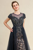 Dark Grey A Line Tulle Beaded Glitter Mother of Bride Dress