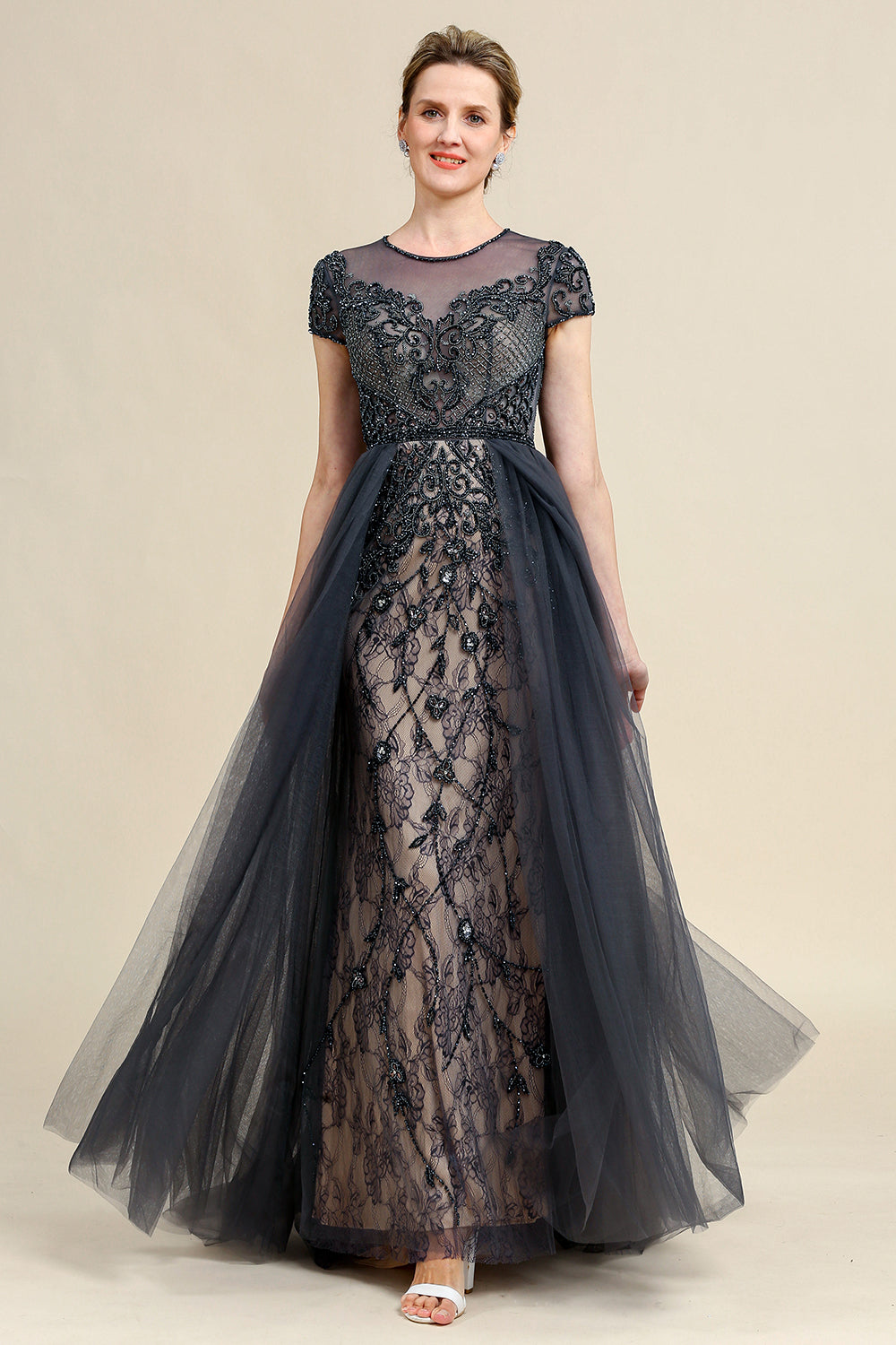 Wedtrend Women Beaded Glitter Mother of Bride Dress Dark Grey A